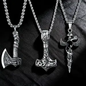 3 Pack Norse Viking stainless steel Pendant Necklace for Men Street Hip-Hop Jewelry Men's Amulet Accessories