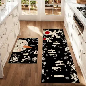 2Pcs Christmas Abstract Snowman And Elk Hohoho! Floor Mat Set Farmhouse Kitchen Runner Rug Dining Room Flooring Laundry Room Decor Carpet Mat