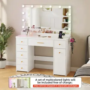 Vanity table with mirror, featuring a mirrored surface and 12 adjustable three-color LED lights, plus a free LED light set, 7 drawers, and a pull-out double-tier storage cabinet with power outlets,Modern bedroom vanity table , white