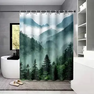 1PC Forest Mountain Deep Green Natural Mist Pine Trees Pattern Shower Curtain,Polyester Fabric, with Hooks, Machine Washable, Bathroom Partition Curtain, Suitable for Walls and Bathtubs, Bathroom Home Decoration Shower Curtain, Perfect Christmas Gift