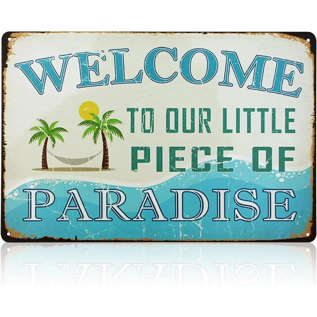 8x12 Inch Vintage Tropical Palm Tree Metal Tin Sign, Welcome To Our Little Piece Of Paradise Beach Wall Plaque, Coastal Pool Patio Porch Decor, Beach House Gift For Coastal Lovers