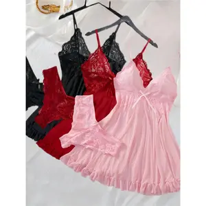 V-Neck Sexy Contrast Lace Mesh Chemise Babydoll Naughty Lingerie Set Sleepdress Set Polyester Slip Dress Nightwear, Soft and Comfortable Nightgown for Women