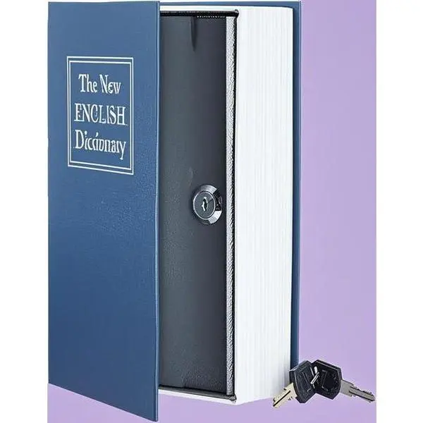 Large Key Lock Secret Box - Secure Metal Storage Container with Book Cover & Fabric Design, Traveling Home Security Organizer for Valuables, Money & Documents, Reusable Durable Blue, Amazon Basics Limited 1-Year Warranty, Hidden Storage