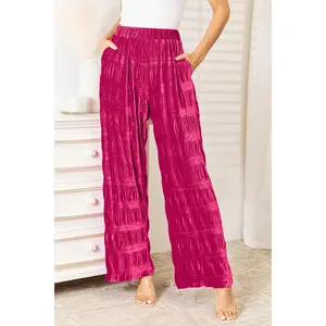 Women's Chic High-Waist Ruched Tiered Velvet Wide-Leg Pants - Spandex-Blend Bottoms, Hip-Flattering, Pocketed, Comfy Effortless Business Casual Clothes (Full-Size, Machine-Washable), Bottom
