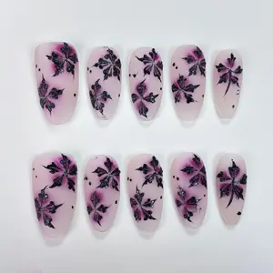 T78 Purple hand-painted flowers press on nails/Almond shape/detachable and reusable /Handmade Holiday Nail Art for Everyday Wear or Gift