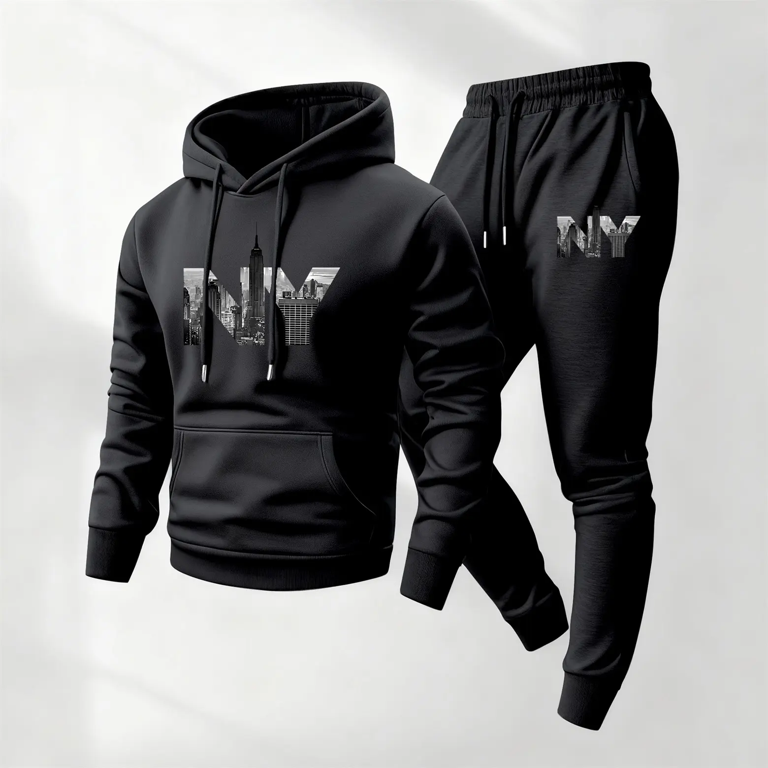 Men's NY Printed Hoodie and Drawstring Sweatpants Set, Menswear, Casual Athletic Long Sleeve Hooded Jacket & Trousers for Fall & Winter, Men's Clothing for Daily Wear, Sportswear Indoor Outdoor, Tracksuit, Athleisure Summer Clothes