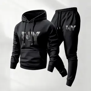 Men's 2-Piece Tracksuit, Sporty Chic NY Print Hoodie and Loose-Fit Polyester Drawstring Sweatpants for Fall & Winter
