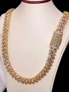Hip-hop rapper ice diamond Cuban link VVS inlaid hip-hop rectangular gemstone round-cut zircon necklace Gera diamond zircon rectangular Cuban link Easter and Thanksgiving gift, best for giving to a partner, worn on dates Cuban Chain Necklace