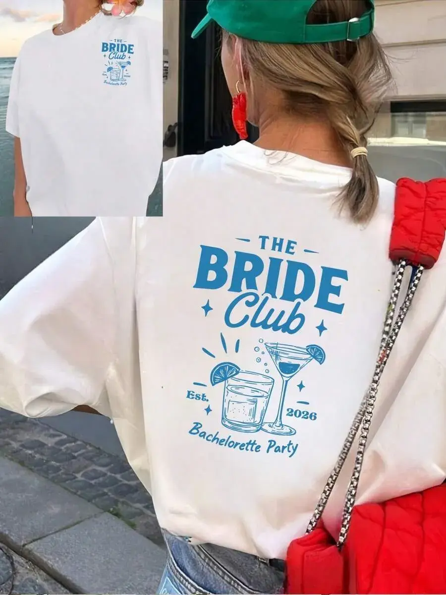 Bridal Club Bachelorette Party Front Back Graphic Tee, Oversized Women's Round Neck, Spring Summer Top For Women