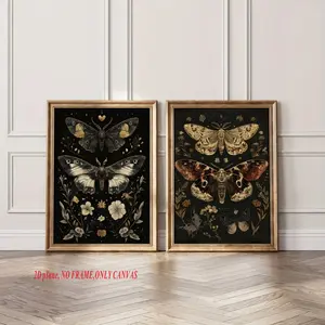 Two-Piece Set, Gothic Botanical Canvas Art, Floral, Butterflies, Butterfly Pattern Design, Dark Art, Modern Art-Inspired Wall Decals, Suitable for Contemporary Living Rooms, Spooky Halloween Home Decor, Frameless Canvas Print Decorative Art