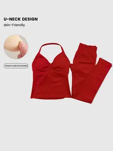 Women's Sporty Set with Detachable Padding, Halter Neck Tank Top & High Waist Leggings, Sports Clothes for Workout, Running and Yoga, Fitness Outfit