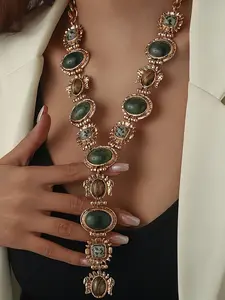 Bohemian Vintage-Style Long Y-Necklace with Green and Brown Gemstones – Elegant Sweater Chain, Dangling Charms Necklace for Women, Perfect for Casual Attire, Valentine’s Day, and Weddings, Casual Jewelry | Bohemian Style Jewelry| Timeless Accessory