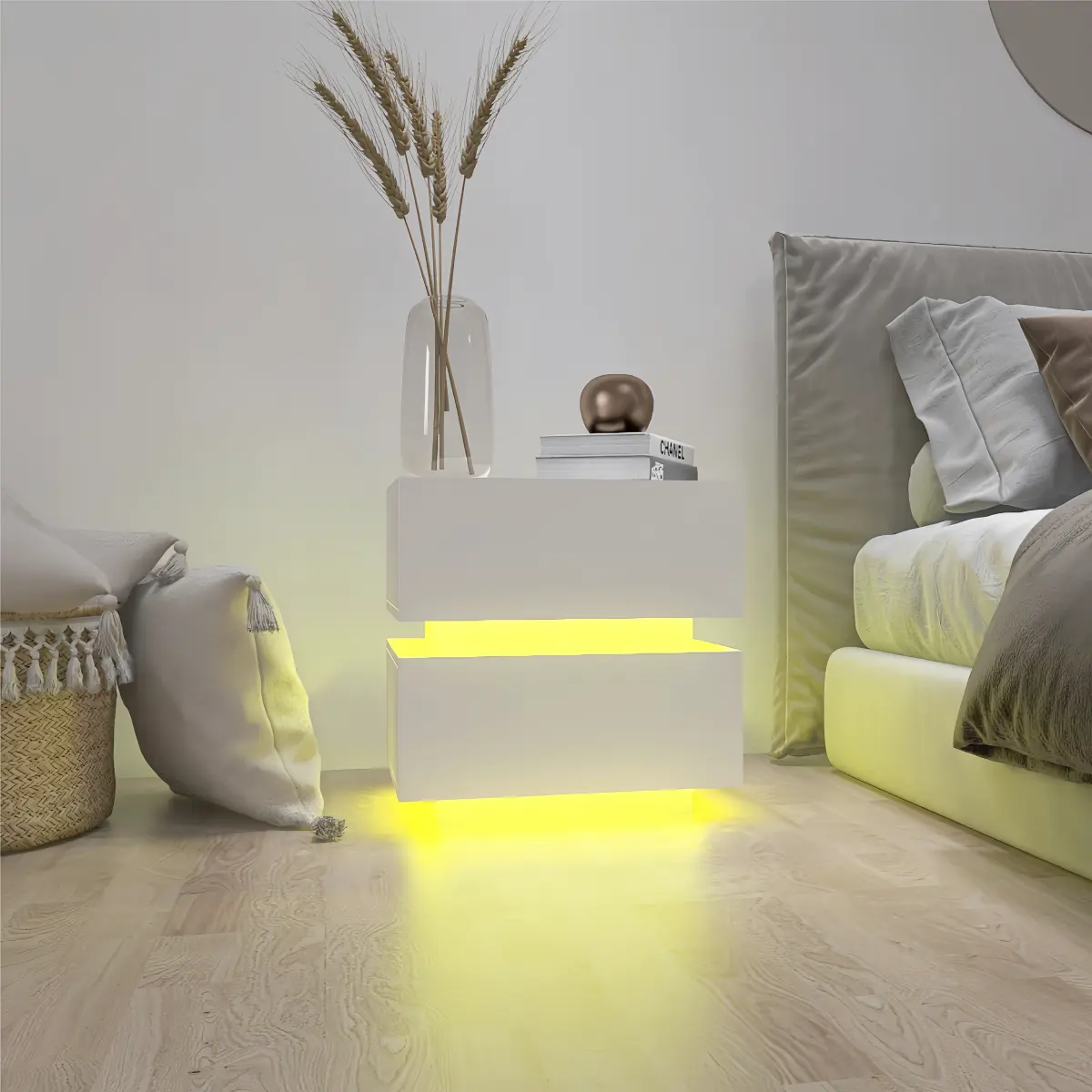 [Bellemave] Nightstand with LED Light, 2 Drawers Bedside Table Bluetooth & APP Control, White