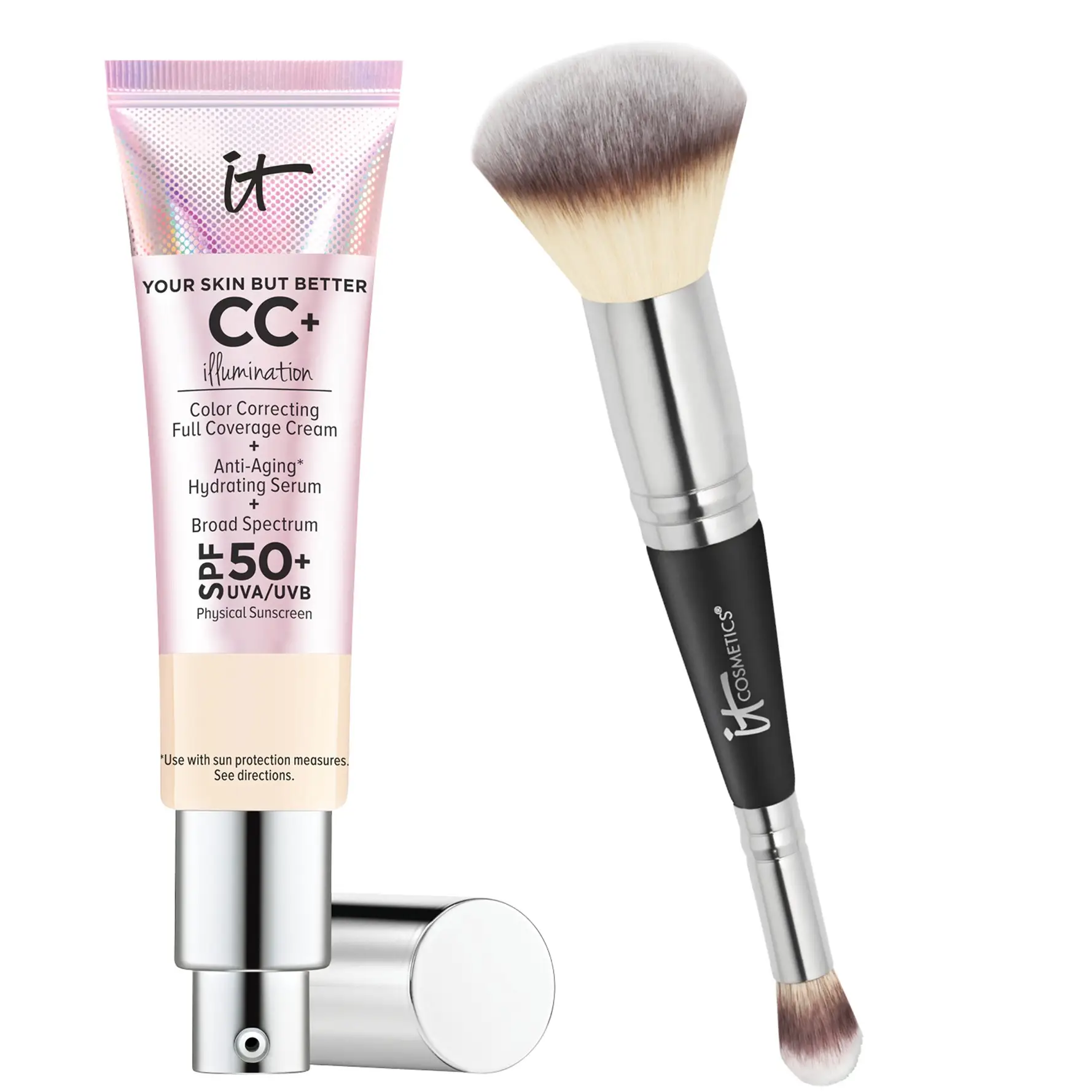 IT Cosmetics CC+ Cream Illumination SPF50 w/ Luxe Brush Makeup Color Corrector Sunscreen Hyperpigmentation Base Moisturizer Glow