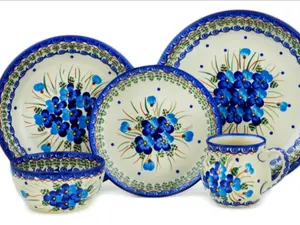 Polish Pottery 5-Piece Place Setting Blue Pansy