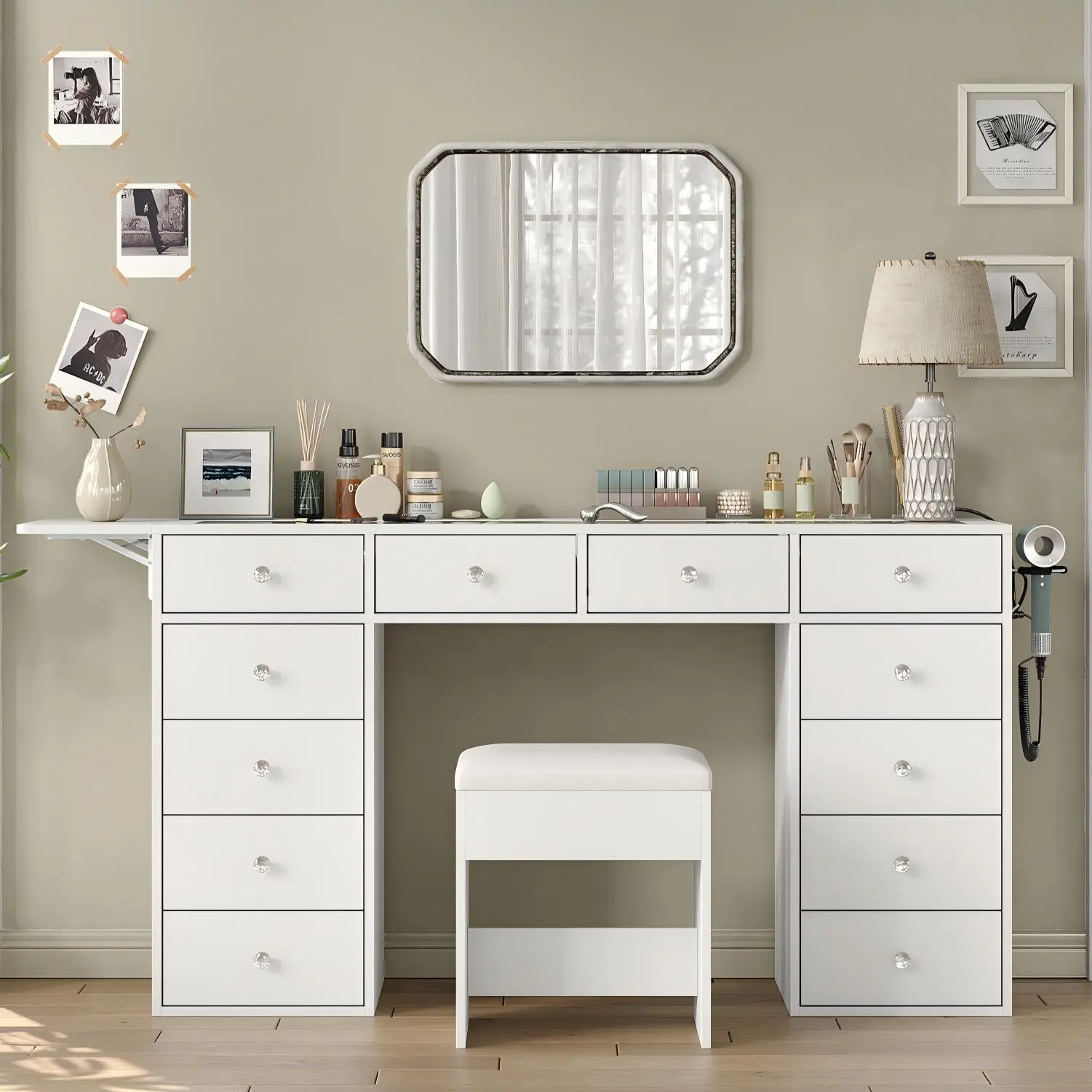 [Shipping By 2 Packages] FUSOU 55" W Vanity Desk no Mirror, 12 Drawers, Glass Top with Charging Glass Top Makeup Vanity with Foldable Side Shelves, Storage Dressing Table with Stool for Bedroom, Dressing Room, White