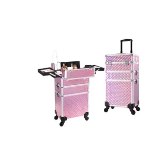 3 in 1 Professional Rolling Makeup Train Case Aluminum Trolley Case with 360° Rotation Wheels for Makuep Artist Cosmetic Suitcase Organizer with Lock and Key