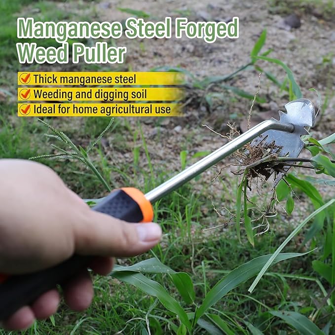 Weed Puller Tool – 4‑Teeth Manganese Steel, Ergonomic Rubber Handle, Portable Garden Weeder for Vegetable Gardening, Farm Planting, Gifts for Gardeners