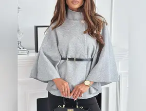 Women's Batwing Sleeve Cape Coat - Trendy Belted Stand Collar Cloak For Casual Outfits