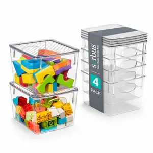 Sorbus Medium Clear Plastic Storage Bins with Lids for Clothes, Medicine, Makeup, Art Supplies, Shoes, Toys, and More (4 Pack) Translucent Organiser Container Boxes Set Drawer Kitchen Fruits Hand