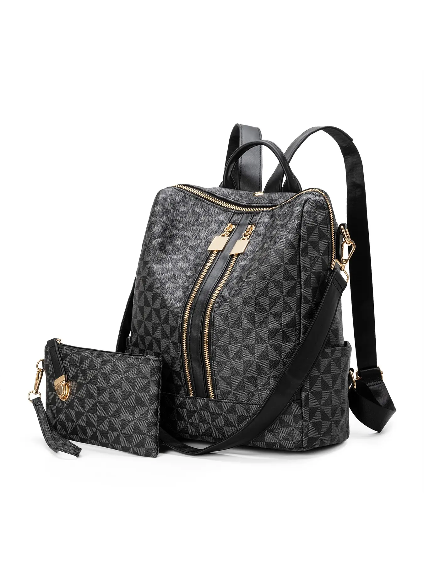 Women's Fashionable Geometric Pattern Backpack & Wristlet Set, Vintage Trendy Casual Large Capacity Travel Zipper Backpack & Wristlet, Multifunctional Bag Set for Daily Use
