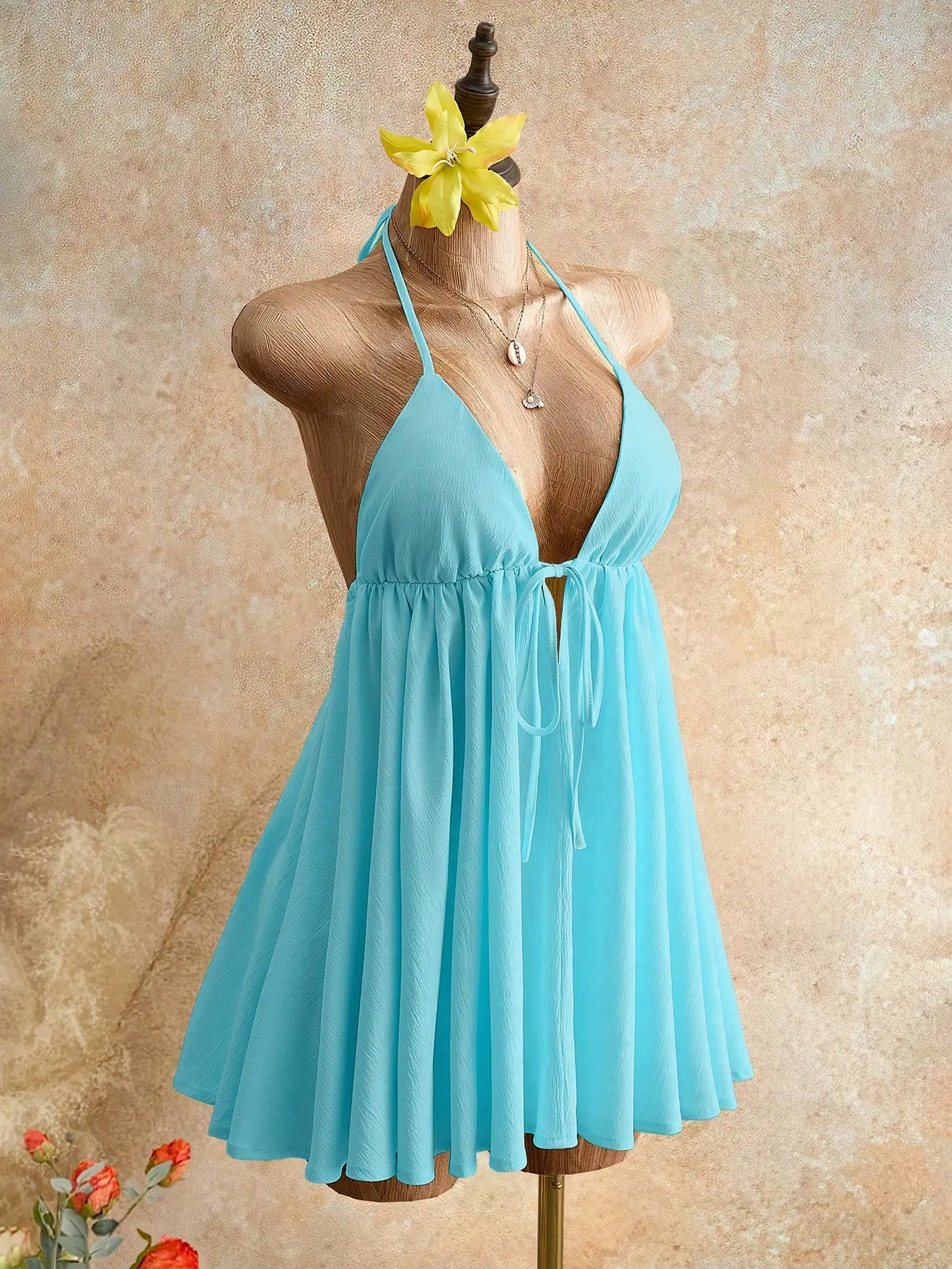Women's Rose-Print High-Waist Flowy A-Line Halter Sleeve Deep V-Neck Mini Swimdress - Sports & Outdoor Beach Outfit for Pool Vacations