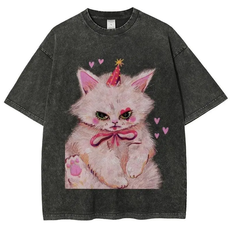 Cute cat pattern T-shirt for men and women, retro washed T-shirt, fashionable cotton, full color, full size, suitable for both men and women Funny and cute clothing graphic tees graphic t shirts graphic tees women tiktok shop deals festival gift