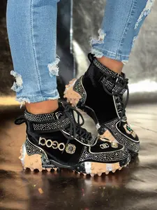 Women's Thick Sole High Top Dad Shoes, Sports Shoes, Rhinestone Embroidered Unique Design, Hand-Embedded Rhinestones Fashion Luxury Casual Women's Shoes