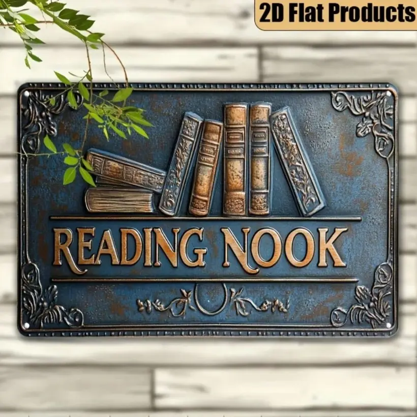 1pc Vintage Reading Nook Aluminum Wall Decor Retro 2D Flat Plaque Wall Art Sign for Home Office Library A Gift for Book Lovers