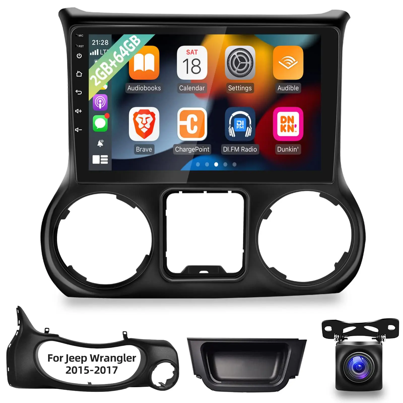 10.1-in Touchscreen Car Radio for Jeep Wrangler 2015-2017, Android 15 System with CarPlay, Android Auto, Tempered Glass Display, AHD Backup Camera, Mic, HiFi, Voice Control, GPS Navigation, Hotspot, Plug-and-Play (2GB RAM+64G), Vehicle Accessories, Youtub
