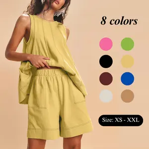 SCUSTY Women's Two Piece Outfit Cotton Matching Set  A-Line Sleeveless Tank Tops and High-Waist Shorts with Pockets