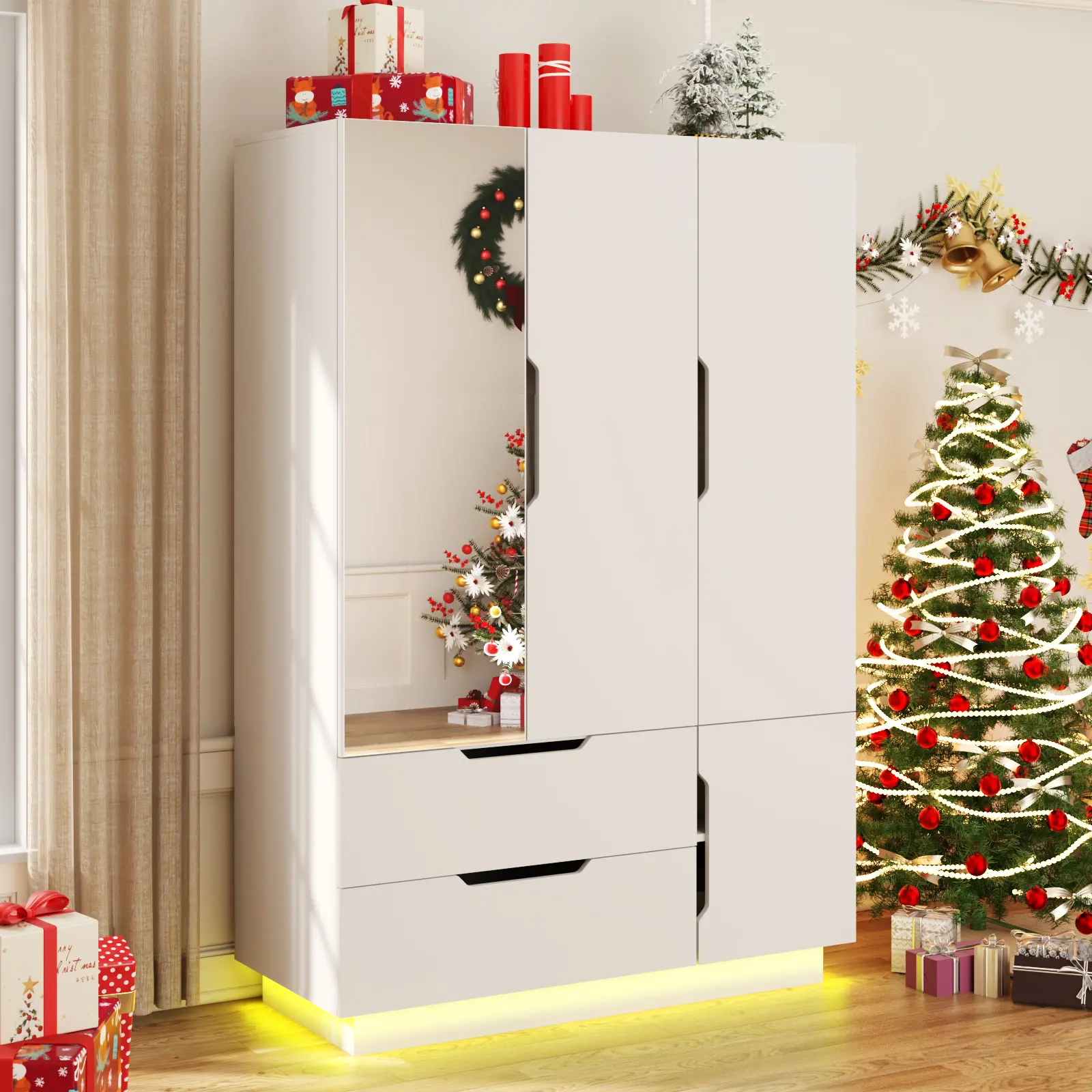 3 Door Wardrobe Closet with Mirror & LED Lights, Bedroom Armoire with 2 Drawers and Multi-Layer Shelves , Modern Wooden Armoire Wardrobe Closet with Hanging Rod for Bedroom