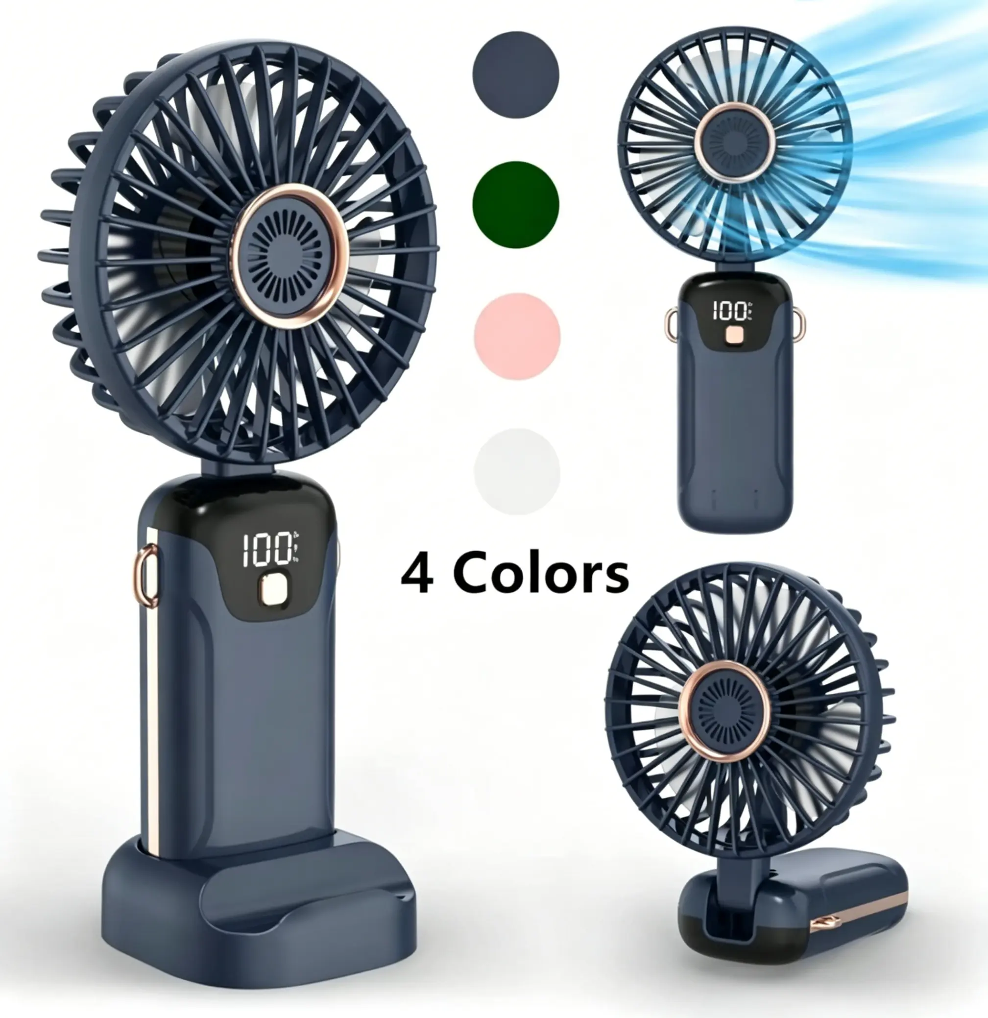 USB Rechargeable Hand Held Pocket Fan with Digital Battery Indicator, 5 Speed Personal Mini Cooling Fan with Detachable Base, Portable Travel Fan for Outdoor Camping & Daily Use