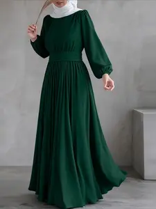 ZANZEA Women's Elegant Classic Round Neck Long-Sleeve Long-Length Dress - Waist Cinching, Structured A-Line, Loose-Fitting Cut, Plain Pattern, Casual Party Wear, Muslim Dress, All-Season