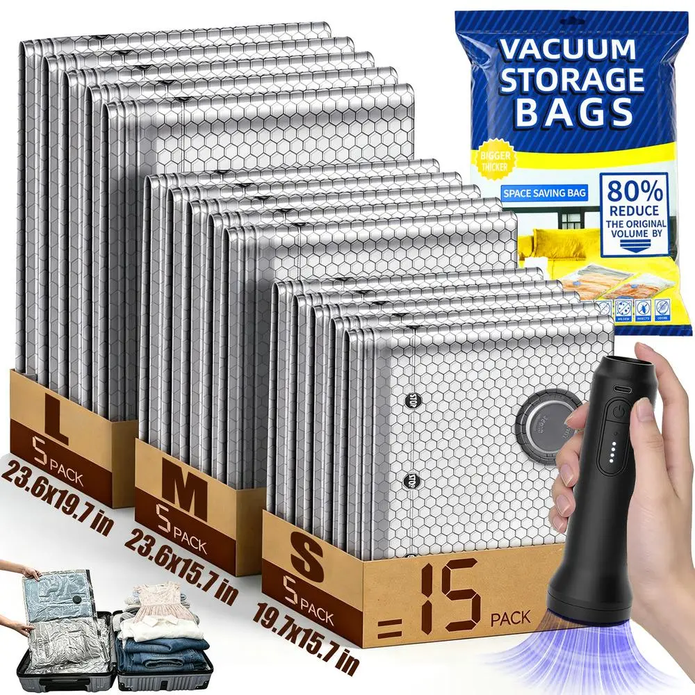 Car Interior Decoration Compression Packing Cubes, Travel Packing Vacuum Seal Bags with Handheld Pump, Resealable Waterproof Slim Compact Storage Bags for Short Weekend Outfits
