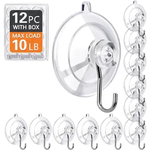 Suction Cup Hooks 12Pack - Max Load 1.77Inch Clear Medium Suction Cups, No Trace, Reusable & Removable, Stainless Steel Hooks, for Tile, Glass, Window, Shower, Kitchen, Bathroom