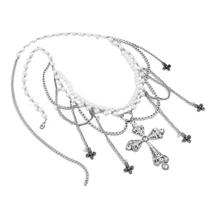 Vintage Fringed Crucifix Chain Belt Women Pearl Waist Chain Belt Y2K Waist Belt