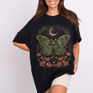Celestial Moth T-Shirt: Dark Floral Cottagecore Graphic Tee，Celestial Luna Moth Shirt, Moon Moth Floral T-Shirt, Boho Mystical Moth Tee, Witchy Floral Luna Moth Casual Top, Vintage Celestial Moth Print T-Shirt, Women's Oversized Luna Moth Tee