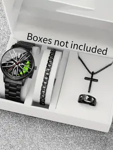 4-piece trendy wheel shaped men's steel strap watch with personalized fully automatic quartz movement men's watch