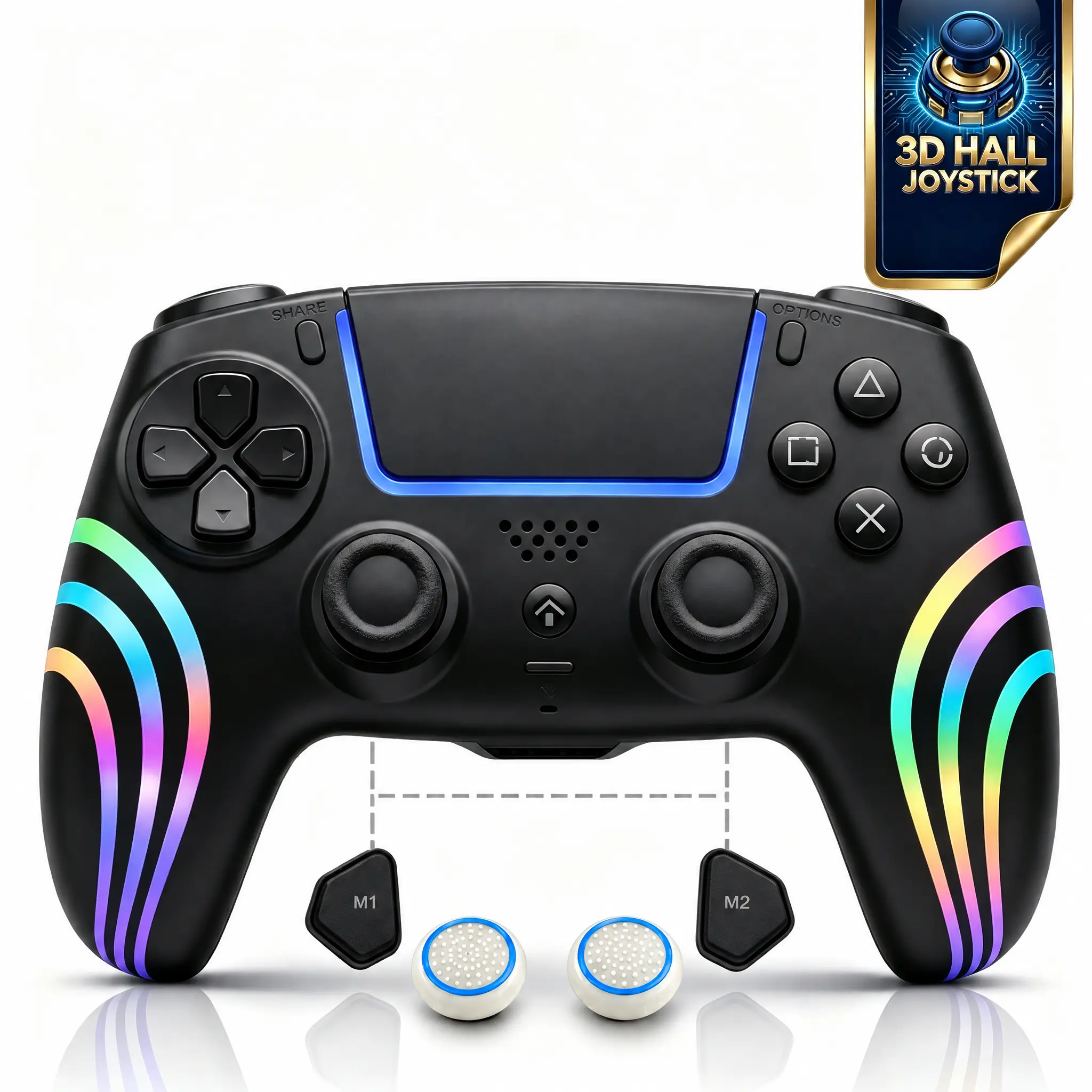 Compatible with PS5 wireless controller, drift-resistant thumbsticks, customizable macro programming back button, six-axis gyroscope, dual vibration, rapid-fire function, touchpad, Bluetooth 5.0, 3.5 mm audio/mic jack