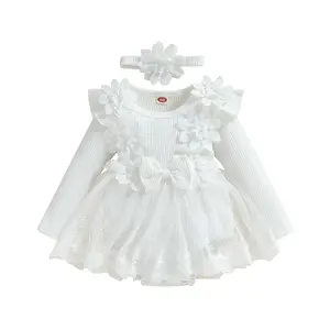 Infant Baby Girl Romper Dress Baby Dress Romper Flowers Lace Fall Winter Festival Clothes with Headband