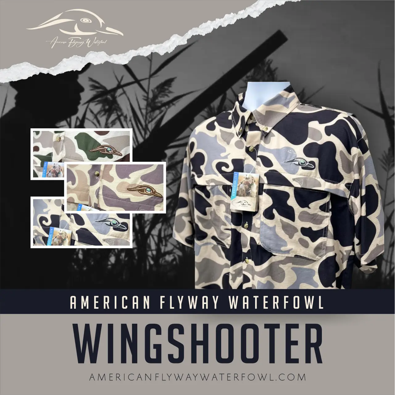 American Flyway Waterfowl Men's Wingshooter's Shirt in Old School Camo, Relaxed Fit Long-Sleeve Top with Vented Back, UPF 30, Sculpted Hem & Velcro Pocket Closure, Long-Sleeve Camo Shirt, Flexible Fit Men's Casual Shirts