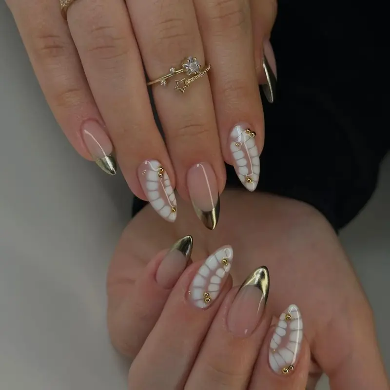 Gold Chrome French Tip & White Butterfly Wing Nails – Elegant Press-On Almond Set with 3D Accents and Metallic Embellishments