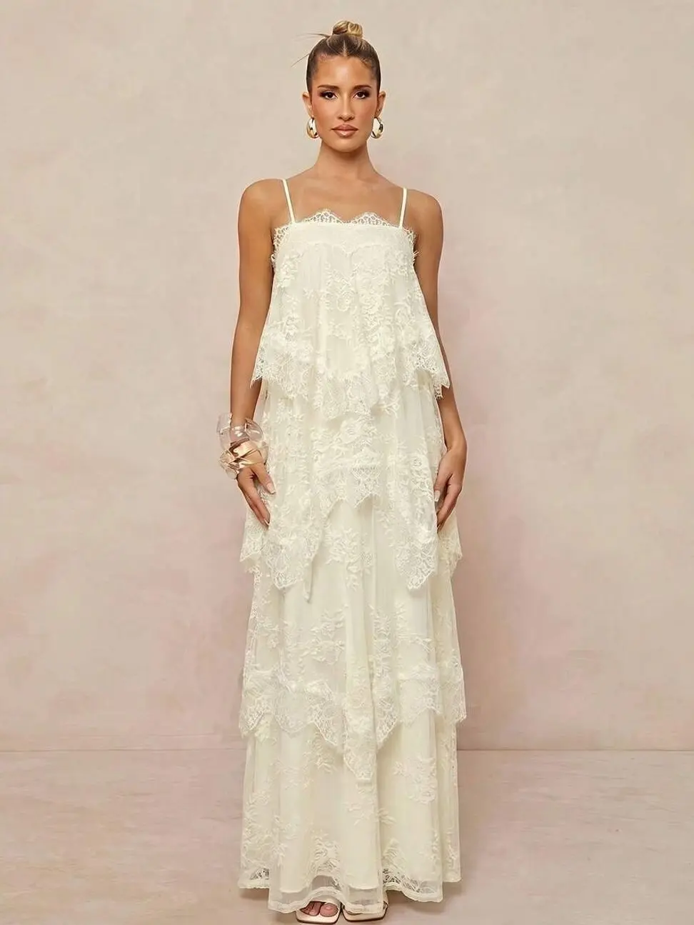 Cream Lace Trim Tiered Maxi Dress, Backless Flowy Chiffon A-Line Gown for Wedding Guest and Party