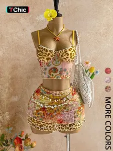 2 Spring Summer 2 Piece Beach Set Women | Leopard Paisley Mesh Crop Top + Mini Skirt | Boho Bohemian Coastal Cowgirl Style for Beach Vacation Pool Party Wear
