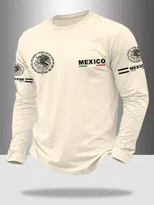 Men's Classic Round Neck Long Sleeve T-Shirt, Letter Eagle Print, Casual Fitted Style, Daily Wear, Fashion Outdoor Clothing