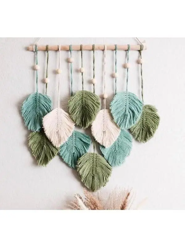 Macrame Wall Hanging Leaves - Large Chic  Boho Decor, Handmade Yarn Woven Art Leaf Tapestry for , Bedroom, Living Room, 17 X 22 Inch (Green, Sage Green & Beige)