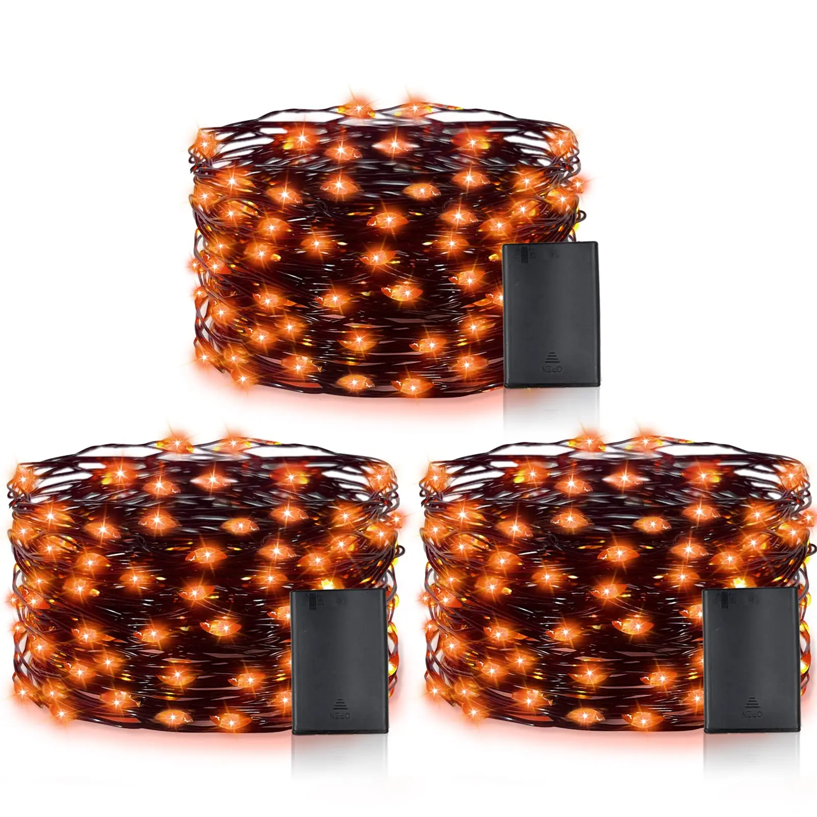 TURNMEON Orange Halloween String Lights & Timer 3 Pack 30Ft 90 LED Battery Operated Fairy Lights Waterproof Indoor Outdoor Halloween Decorations