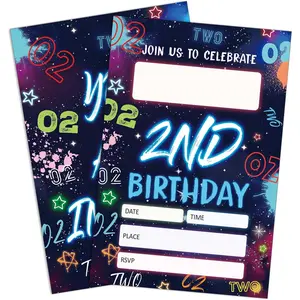 Blue 2nd Birthday Invitations, Glow Neon Second Birthday Party Invitations, 20 (4x6) Party Invite Cards with Envelopes, Teen Girls Boys Birthday Party Supplies  Shower Decorations-D02