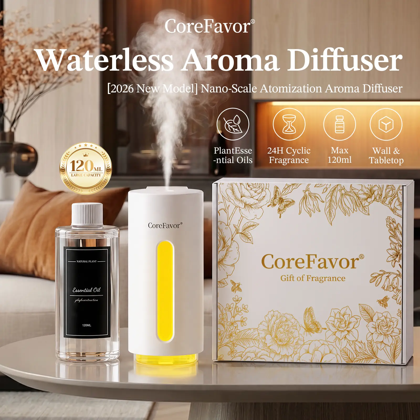 CoreFavor Waterless Essential Oil Diffuser with 120ml Oil, Wall-Mountable & Rechargeable, Portable Battery-Operated Cold Air Aroma Scent Machine, 6 Mist Modes with 5 Color LED Lights, Quiet Diffuser for Bedroom, Office, Bathroom&Car